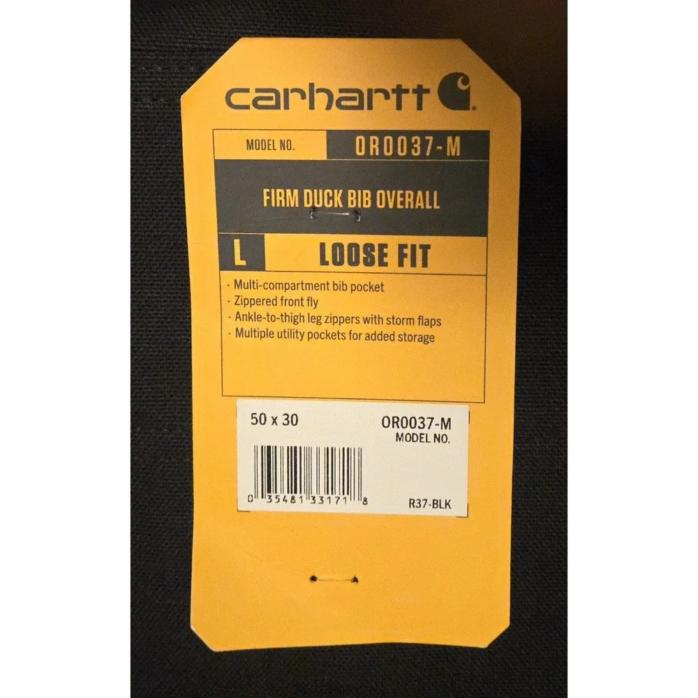 NWT Carhartt Firm Duck Black Loose Fit Zip-to-Thigh Bib Overalls Mens 50 x 30